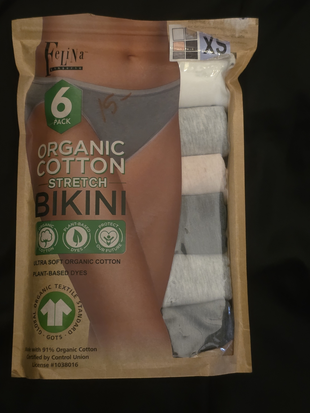 Felina 6-Pack Organic Cotton Bikini Briefs - White, Light Gray, Cream, Dark Gray
